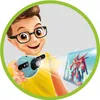 A cartoon boy wearing glasses is holding a blue projector and projecting an image of a red robot onto a screen. Voir les images du produit