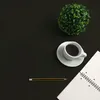 A flat lay of a desk with a potted plant, a cup of coffee, a pencil, and a notebook. Produktbild-Vorschau