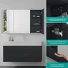 A bathroom vanity and medicine cabinet are shown, with close-ups of the cabinet's hinges and handle. Produktbild-Vorschau