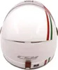 The back view of a white motorcycle helmet with green, red, and gold stripes. Podgląd zdjęcia produktu