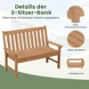 A brown garden bench is shown in an outdoor setting with text overlays highlighting its features. Produktbild-Vorschau