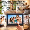 A digital photo frame displaying a family photo, with marketing text and icons above. Produktbild-Vorschau