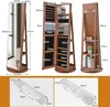A collage of images showing a wooden jewelry cabinet with a mirror, its dimensions, and internal compartments. Voir les images du produit