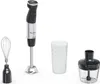 A set of kitchen appliances including a hand blender, a whisk attachment, a measuring cup, and a chopper attachment, arranged on a white background. Produktbild-Vorschau