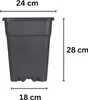 A black plastic planter pot with dimensions indicated by measurement lines and text. Produktbild-Vorschau