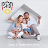 A family is sitting on the floor under a makeshift roof, symbolizing protection. Produktbild-Vorschau