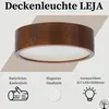 A ceiling light with a wooden frame and a white diffuser, presented with descriptive text and icons. Produktbild-Vorschau