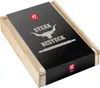 A wooden box containing a steak cutlery set, with a black sleeve featuring product details. Produktbild-Vorschau