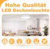 A living room scene with a ceiling light, sofa, and dining area, accompanied by feature icons and text. Produktbild-Vorschau
