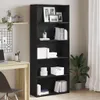 A black bookshelf filled with books and decorative items, next to a desk and a plant. Produktbild-Vorschau