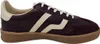 A side view of a burgundy sneaker with cream accents and a brown sole. Produktbild-Vorschau