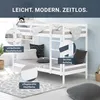 A white bunk bed with bedding and pillows, set in a room with a patterned rug. Produktbild-Vorschau