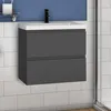 A modern dark gray bathroom vanity with a white countertop and a black faucet, mounted on a white tiled wall with a blue upper wall. Produktbild-Vorschau