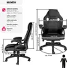 A collage of images showing a black ergonomic office chair with dimensions and specifications indicated. Náhled obrázku produktu