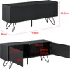 Two views of a black sideboard with dimensions indicated by red lines and text. Podgląd zdjęcia produktu