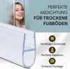 A woman is smiling behind a shower door, with a close-up of a clear plastic shower seal in the foreground and marketing text and icons on the right. Produktbild-Vorschau