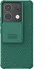 A green phone case with a sliding camera cover is shown against a white background. Produktbild-Vorschau