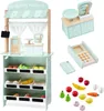 A collage of a wooden toy market stall and its accessories, including a cash register, scale, and play food. Produktbild-Vorschau