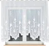 A white lace curtain with a floral pattern hangs in front of a window. Produktbild-Vorschau