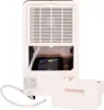 The back of a white dehumidifier with a water tank and a drainage hose. Produktbild-Vorschau