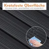 A close-up of a dark grey ribbed surface with water droplets, and a hand wiping it with a blue cloth. Text overlays describe the surface as scratch-resistant, convex lines, abrasion-resistant, and waterproof. Podgląd zdjęcia produktu
