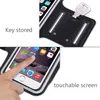 Collage showing a sports armband for a phone, with a key stored in a pocket and a finger touching the phone screen. Produktbild-Vorschau
