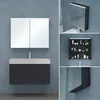 A collage of images showing a bathroom vanity with a mirror and cabinet, and close-ups of the cabinet interior and a different style of cabinet. Produktbild-Vorschau