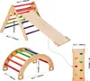 A diagram showing the dimensions of a wooden climbing set for children, including a Pikler triangle, ramp, and arch. Voir les images du produit