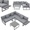 Multiple views of a gray outdoor lounge furniture set, including a sectional sofa and coffee tables. Produktbild-Vorschau