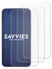 Three transparent screen protectors are shown layered on top of each other, with the front-most protector displaying the brand name 'SAVVIES' and the tagline 'SMART PROTECTION'. The background is plain white. Produktbild-Vorschau