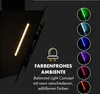 A marketing image for a range hood, showing a light strip and various color options for ambient lighting. Produktbild-Vorschau