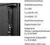 A close-up view of the ports and connections on the back of a television, accompanied by a list of its technical specifications. Produktbild-Vorschau