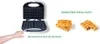 A waffle maker is shown open, with a hand pointing to its base. Next to it are two images of waffles, one stacked and one partially eaten. Anteprima dell’immagine prodotto