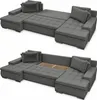 Two views of a large, modular, dark gray U-shaped sofa. The top image shows the sofa in its assembled state, while the bottom image reveals the storage compartments beneath the seating cushions. Produktbild-Vorschau