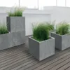 Several modern, grey concrete-effect planters filled with tall green grass are arranged on a wooden deck. The background shows a minimalist white wall and large windows. Podgląd zdjęcia produktu