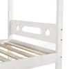 A close-up view of the white wooden frame of a bunk bed, showing the slatted base and decorative cutouts on the headboard. Produktbild-Vorschau