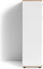 A white cabinet with a wood-grain top and base, casting a shadow on a white wall. Produktbild-Vorschau