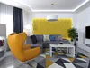 A modern living room with a sectional sofa, an accent chair, a coffee table, and decorative wall panels. Podgląd zdjęcia produktu