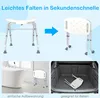 Collage showing a shower stool in different states and contexts: unfolded, folded, in a bathroom, and in a car trunk. Produktbild-Vorschau