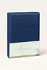 A folded navy blue satin fitted sheet is presented on a plain white background. Produktbild-Vorschau