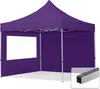 A purple pop-up tent with a window and a close-up of aluminum tubing. Produktbild-Vorschau