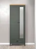 A dark gray wardrobe with a mirrored door and a wooden top, standing against a textured light gray wall. Podgląd zdjęcia produktu