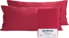 Two red pillowcases are shown, with one folded and placed in front of the other. A small packaging box with the brand logo and product details is also visible. Produktbild-Vorschau