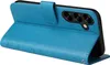 A blue flip cover phone case is shown open, revealing the back of a smartphone with its camera lenses. Produktbild-Vorschau