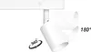 A white track light fixture is shown with arrows indicating its 360-degree rotation and 180-degree swivel capabilities. Text annotations highlight these features. Produktbild-Vorschau