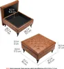 Two views of a brown leather storage ottoman with dimensions labeled. Anteprima dell’immagine prodotto