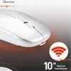 A close-up of a silver wireless mouse with marketing text and icons. Produktbild-Vorschau
