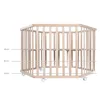 A hexagonal wooden playpen with wheels, shown from the side with measurement lines indicating height. Produktbild-Vorschau