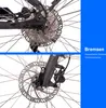 Close-up shots of bicycle disc brakes, with text overlay describing them. Produktbild-Vorschau
