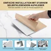 A hand peeling the backing off a self-adhesive acoustic panel, with instructional diagrams below. Produktbild-Vorschau